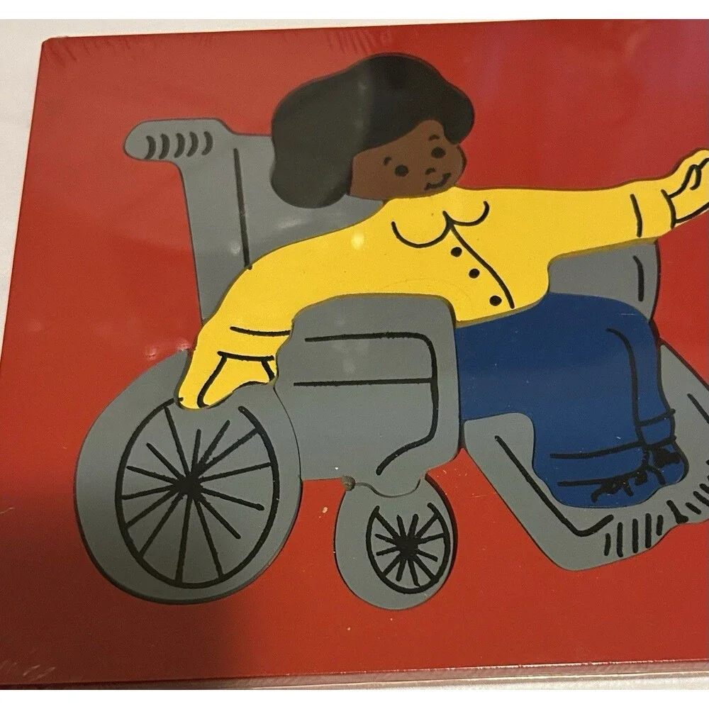 Wooden Inlay Tray Preschool Puzzle People Holding Hands Wheelchair Red